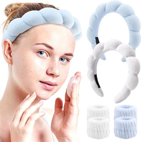 6Pcs Sponge Spa Headband for Women, Soft Makeup Headband with Wrist Washband Set Non Slip Towel ...