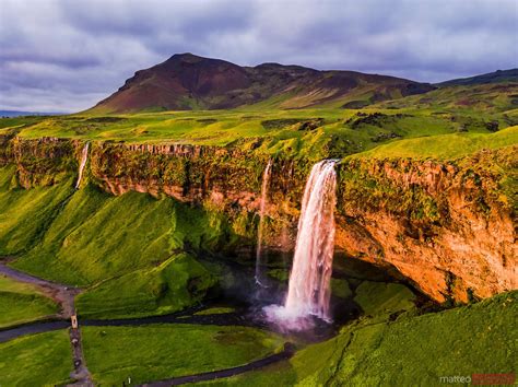 - Aerial panoramic view of Seljalandsfoss waterfall at sunset, Iceland ...