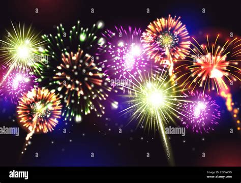 Fireworks realistic background with party celebration snd joy symbols vector illustration Stock ...