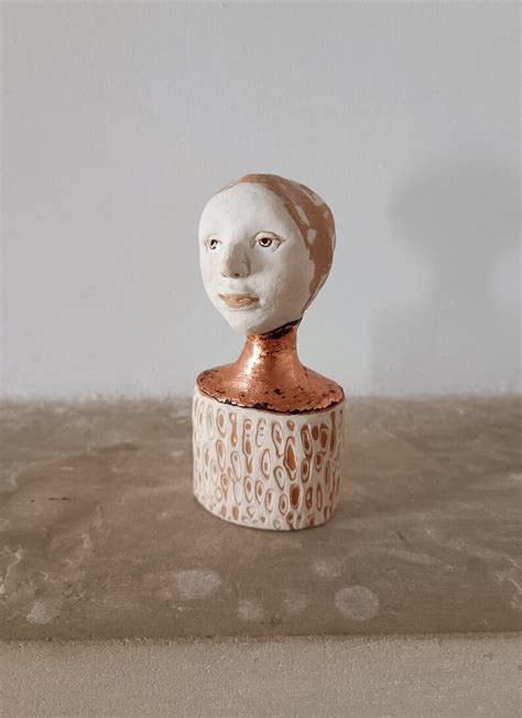 Original Handmade Ceramic Copper Small Bust White Sculpture Portrait Girl Lace Woman Folk Clay ...