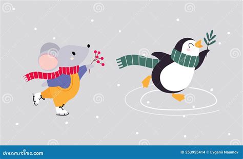 Set of Cute Winter Forest Animals. Penguin and Mouse Christmas ...