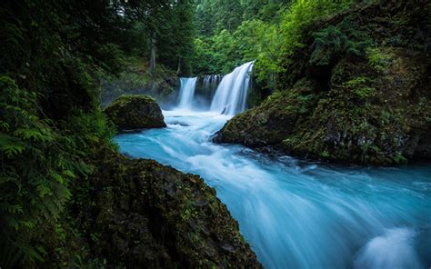 Download wallpapers waterfall, forest, 4k, USA, forest waterfall, rock, Columbia River ...