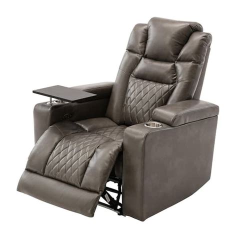 Polibi Gray Power Motion Recliner, Home Theater Seating with 2-Cup Holders Swivel Tray Table USB ...