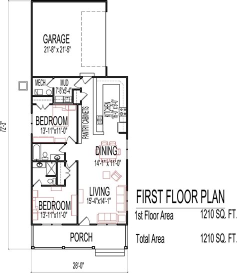 Small Low Cost Economical 2 Bedroom 2 Bath 1200 Sq Ft Single Story House Floor Plans Blueprint ...