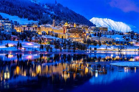 View of St. Moritz Town in Switzerland at Night in Winter Stock Photo ...