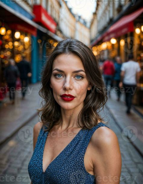 AI generated photo of beautiful woman with print sleeveless dress and big red lips and blue eyes ...
