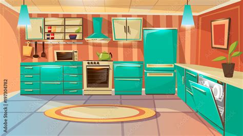 Vector modern kitchen interior background template. Cartoon dinner room ...