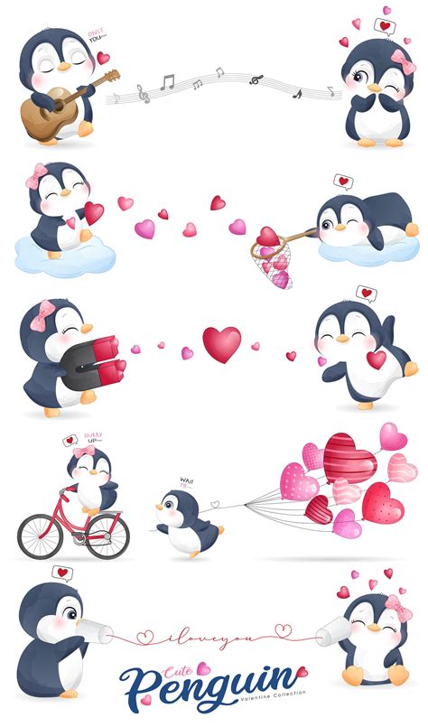 Cute penguin for valentine’s day clipart set.