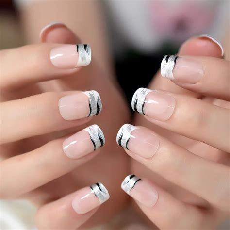 24pcs Classical Light Pink French Nail Pointed Simple Design Gray Nail Tips with Glitter Flase ...