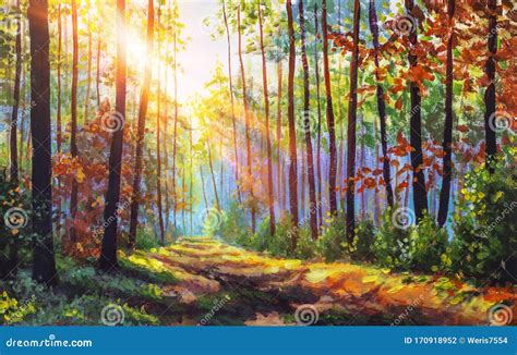 Autumn Oil Painting. Autumn Forest with Sunlight. Path in Forest ...