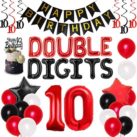 JOYMEMO Red and Black Double Digits 10th Birthday Decorations Number 10 ...