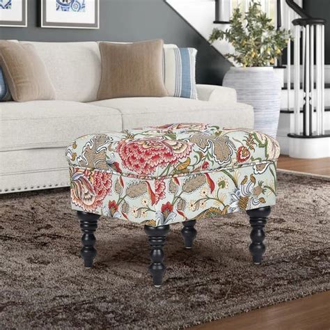 Adeco Ottoman Stool Tufted Foot Rest Fabric Floral Vanity Stool - Bed ...