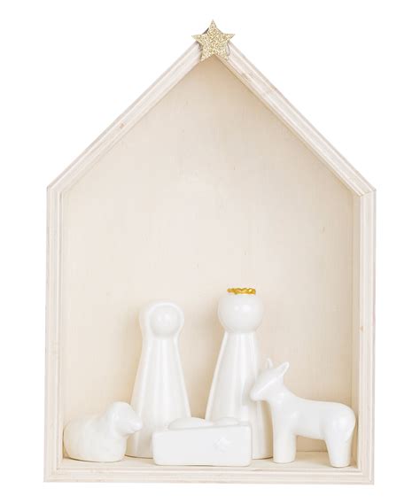 White Six-Piece Ceramic & Wood Nativity Set | Zulily | Nativity set ...