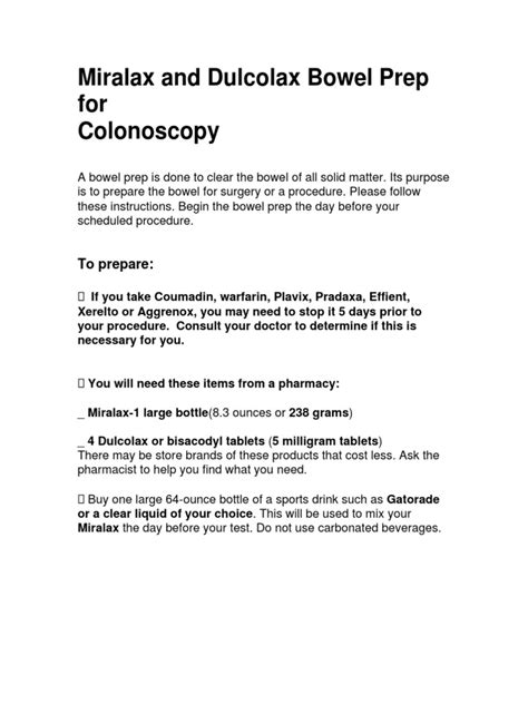 Miralax and Dulcolax Bowel Prep-ALL | PDF | Colonoscopy | Medicine