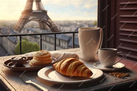 Premium Photo | French breakfast with croissant and coffee on the balcony with view to the ...