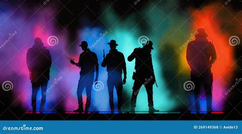 Silhouette of Gang of Droogs in Front of Colorful Rainbow Lights with Smoke. Abstract Background ...