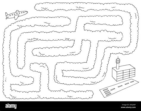 Airplane landing through the clouds at the airport maze graphic black white sketch illustration ...