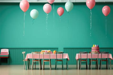 Premium AI Image | A room with a table chairs balloons and a cake birthday party decor