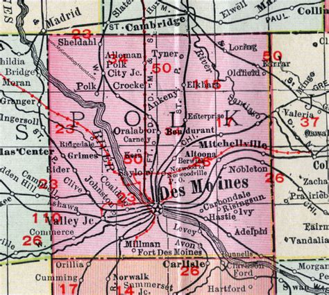 Polk County, Iowa, 1911, Map, Des Moines, Ankeny, Grimes, Altoona ...