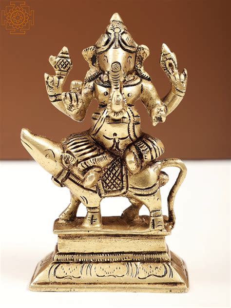 4" Brass Small Ganesha Idol Seated on Mouse | Handmade | Exotic India Art