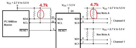 PCA9548A: Master and Slave side I2C line total pull-up resistor calculation when channel x is ...