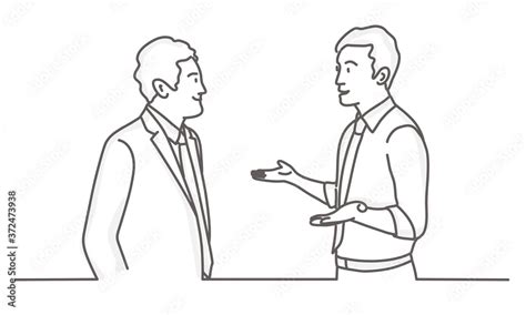 Two men talking. Business partners negotiations. Line drawing vector illustration. Stock Vector ...