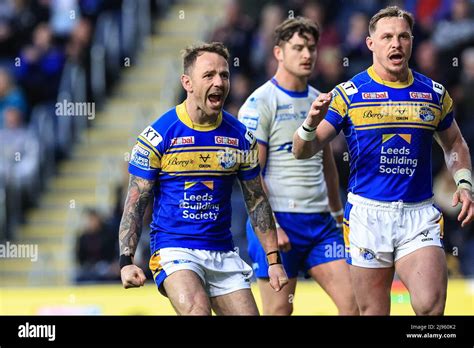 Richie Myler of Leeds Rhinos celebrates as Leeds win the ball and go ...