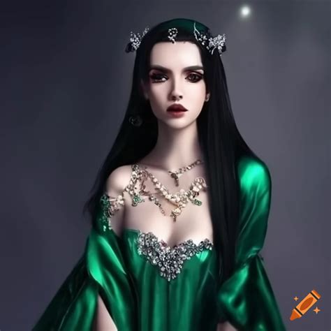 Photo of a beautiful dark-haired princess in a green dress on Craiyon