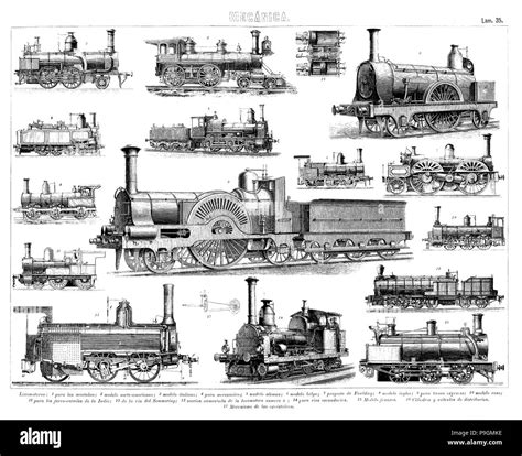 Various models of steam train engines, from different countries, engraving from 1900 Stock Photo ...