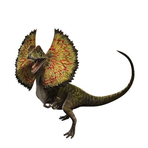 The Dilophosaurus from the Jurassic Park franchise. It has a frill of skin around its nec ...