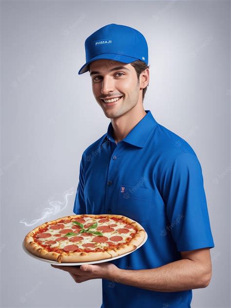 Premium AI Image | Smiling pizza delivery man handing a big pepperoni ...