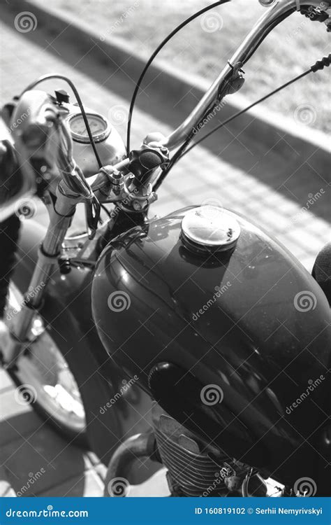 Black and White. Details of an Old Retro Motorcycle, Classic Vintage Tech. Chrome and ...