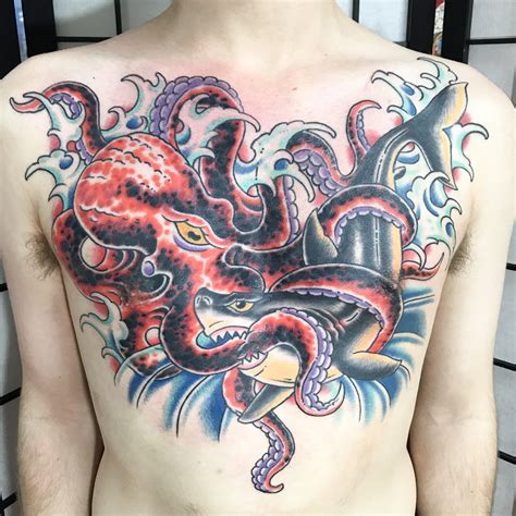 Finished my Shark vs. Octopus chest piece done by Josh Snyder at Iron Rite Tattoo in Killeen, TX ...