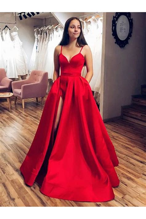 A-Line Long Red Satin Prom Dresses Formal Evening Gowns 6011576