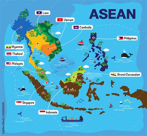 Cartoon map of Asean, asia, AEC vector de Stock | Adobe Stock