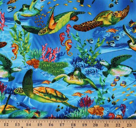 Cotton Ocean Fish Turtles Fishes Sting Rays Coral Blue Cotton Fabric ...