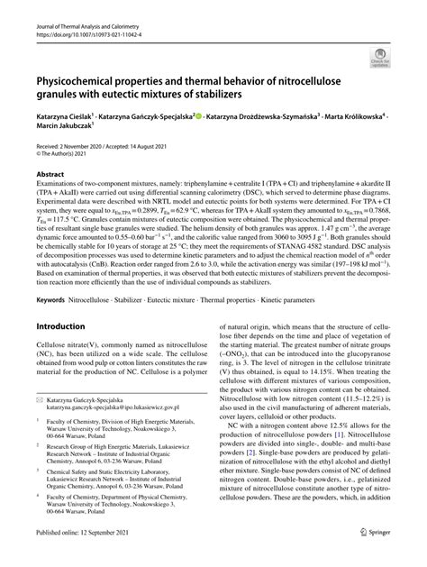 (PDF) Physicochemical properties and thermal behavior of nitrocellulose granules with eutectic ...