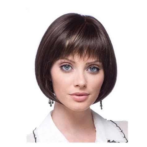 10inch short straight bob cut hair wig Women brown synthetic wig dark ...