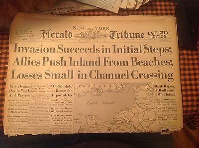 WORLD WAR II D DAY INVASION FRANCE JUNE 1944 BEACHES NY HERALD TRIBUNE NEWSPAPER -- Antique ...