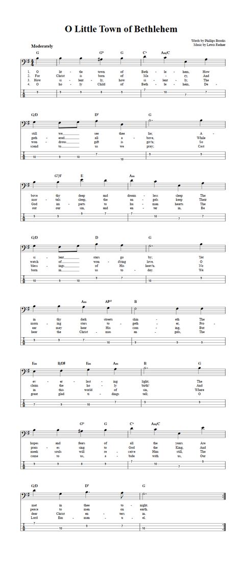 O Little Town of Bethlehem - Bass Guitar Sheet Music and Tab with Chords and Lyrics