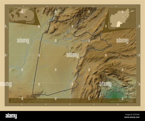 Kandahar, province of Afghanistan. Colored elevation map with lakes and rivers. Locations and ...