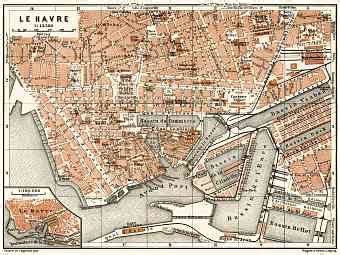 Historical map prints of Le Havre in France for sale and download. Map gifts. The 1900 Collection