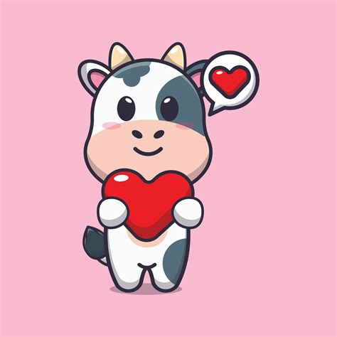 cute cow cartoon character holding love heart 6594482 Vector Art at Vecteezy