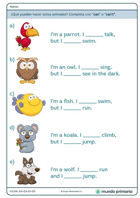 Completa con "can" o "can't" las frases de los animales para Primaria | English grammar for kids ...