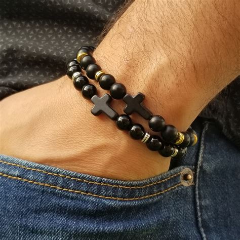 Man Beaded Cross Bracelet Men Cross Bracelet Black Onyx | Etsy | Bracelets for men, Black onyx ...