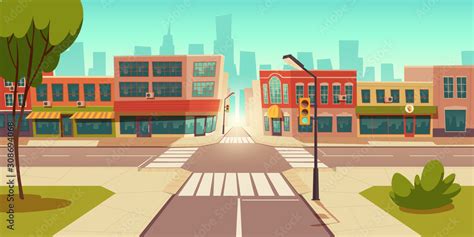 Urban street landscape with crossroad and traffic light, buildings with ...