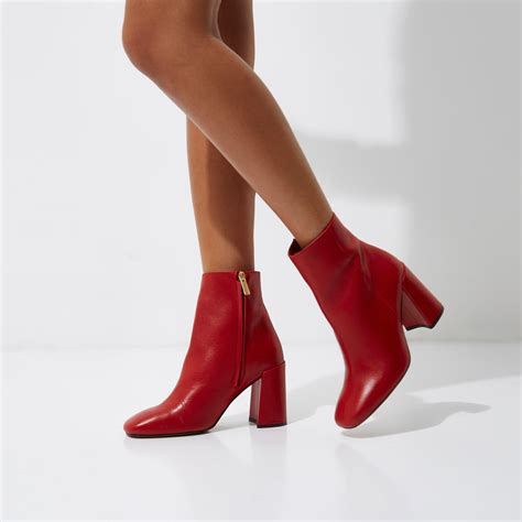 River Island Red Leather Block Heel Ankle Boots - Lyst