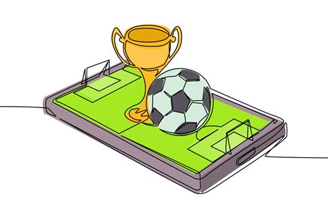 Single continuous line drawing soccer ball and trophy cup over virtual ...