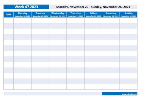 Week 47 2023: dates, calendar and weekly schedule to print