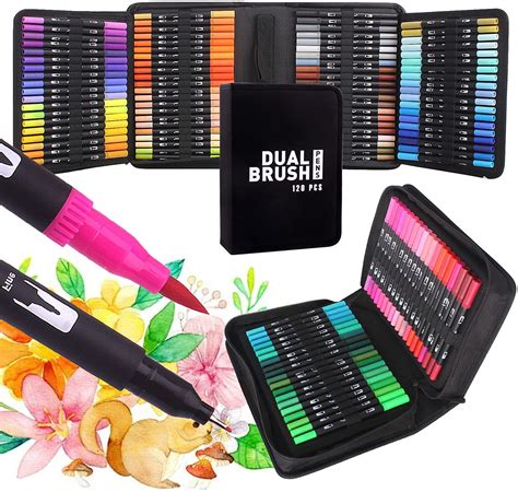 120 Colouring Pens Dual Tip Brush Marker Pens Fine and Brush Felt Tip Pens with a Black Case for ...